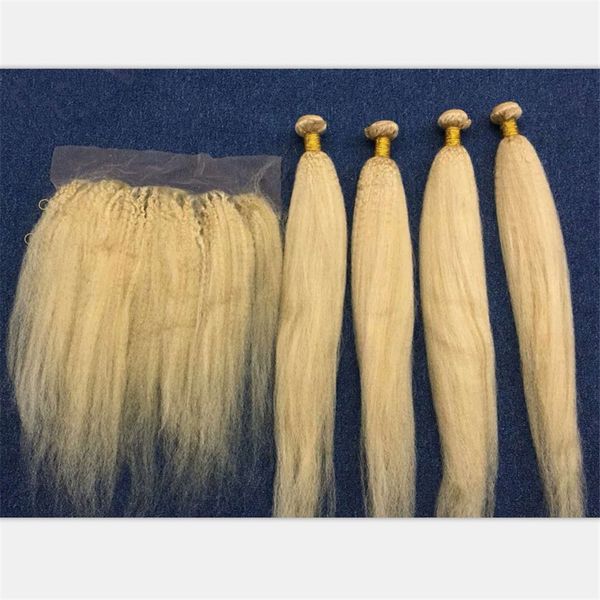 

brazilian virgin human hair #613 blonde kinky straight 3bundles with frontal coarse yaki blonde 13x4 full lace frontal closure with weaves, Black;brown