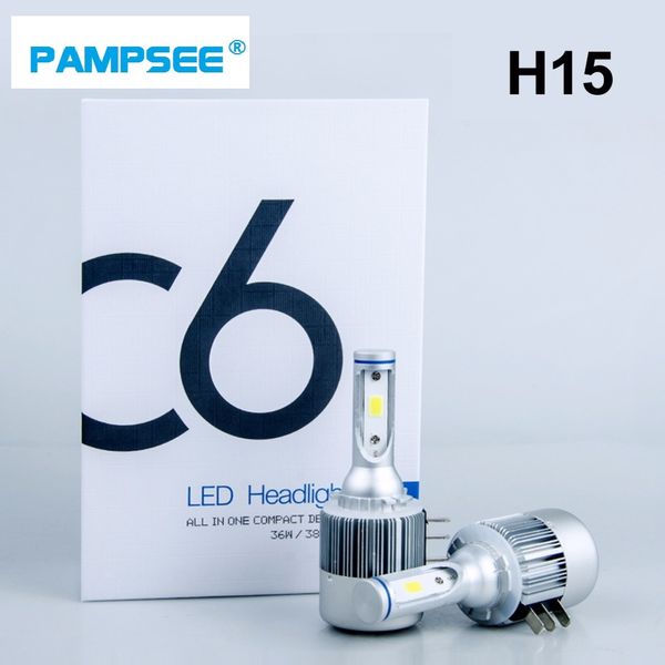 Pampsee 2 pcs h15 carro lâmpada lâmpada lâmpada 6000lm super brilhante cob led farol automático led headlamp substituição cânbus free para carros automóvel