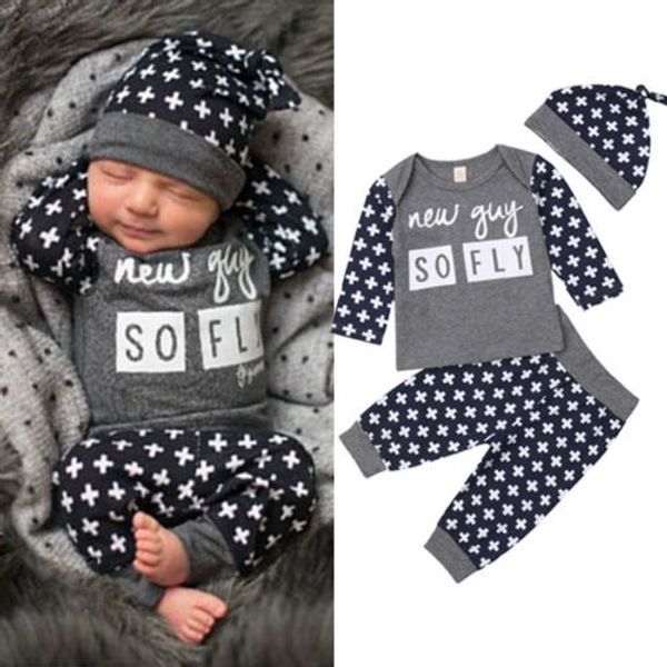 

newborn baby clothes for kids boys 2019 fashion so fly t-shirt+long pants hat 3pcs outfits clothes set, White