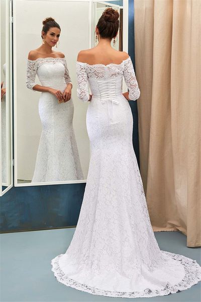 

off the shoulder lace mermaid wedding dress 3/4 sleeves lace up corset back bridal dress elegant, White