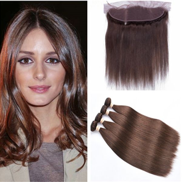 

#4 dark brown brazilian human hair weaves with frontal straight chocolate brown full lace frontal closure 13x4 with 4bundles 5pcs lot, Black;brown
