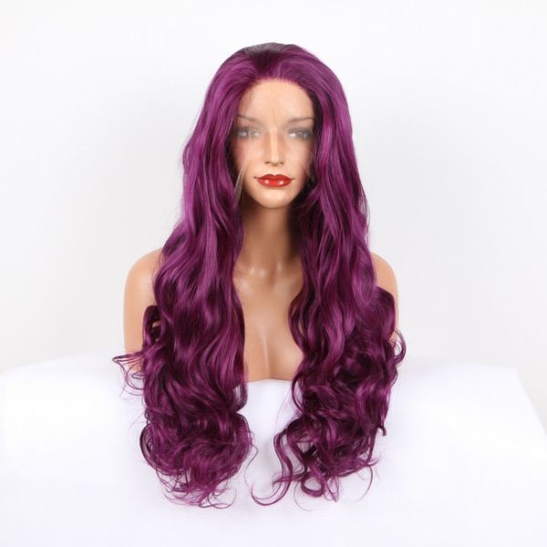 Wet And Wavy Hair Lace Front Wig Synthetic Dark Purple Color Long