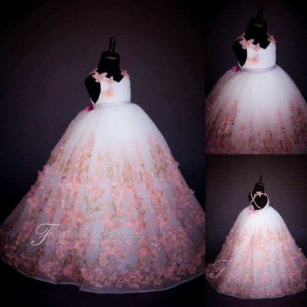 

cute flower girl dresses for wedding v neck lace 3d floral appliques beded a line butterfly girls pageant dresses kids formal gowns, White;blue