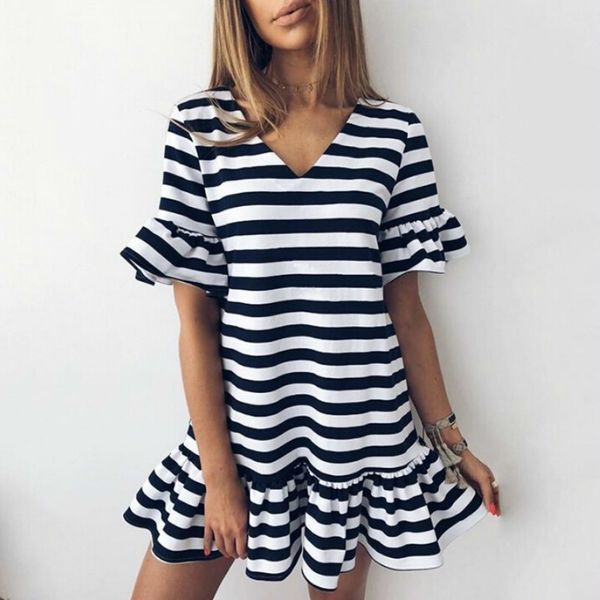 

Summer women v neck flare leeve triped hort mini dre e 2019 ca ual hort leeve ruffle dre ve tido