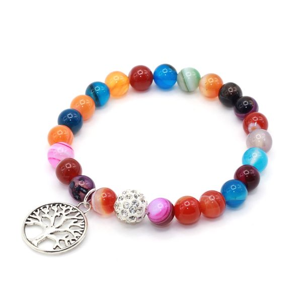 

2017 new style 8mm striped semi precious stone tree charm prayer yoga handmade stretch women bracelet, Black