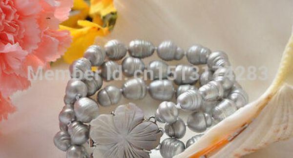 

gt;>>luster 3row 8" 14mm gray rice freshwater cultured pearl bracelet, Golden;silver