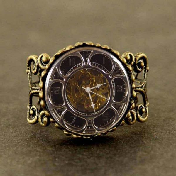 

silver bronze antique like pocket watch ring steampunk fashion flower rose full mens 1pcs/lot rings xmas gift, Golden;silver