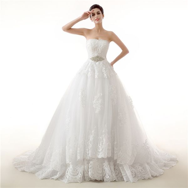 

eye catching lace ball gown wedding dress strapless sparkling sash lace bridal gowns custom made plus size wedding dresses, White