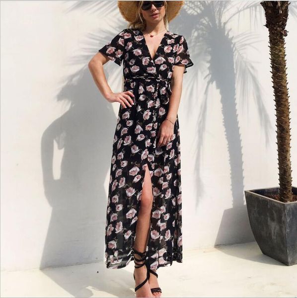 

boho стиль длинное платье женщины sexy v-образным вырезом с коротким рукавом пляж летние платья цветочный принт старинные шифон черный сплит, Black;gray