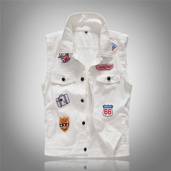 

white patch denim jeans solid vest men casual hip hop motorcycle jeans ripped sleeveless slim fit waistcoat jacket for male, Black;white