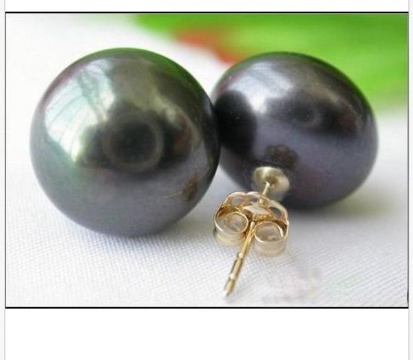 

горячие идеальный 13-14 мм красивый черный южное море жемчужные серьги 14 k золото, Golden;silver