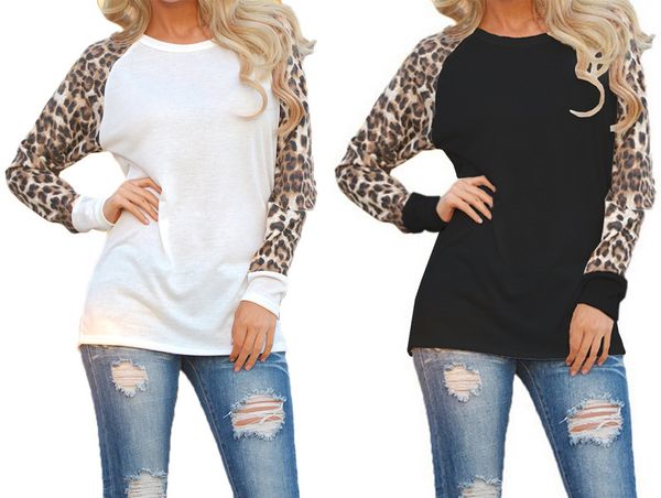 

designer t shirt femme 2018 fashion women leopard t-shirts spring loose cotton patchwork long sleeve tshirt casual tee shirt femme, White