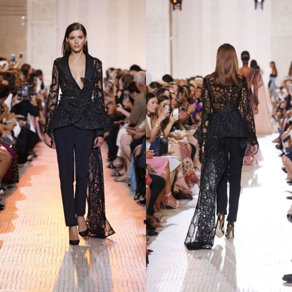 

elegant eliesaab 2019 jumpsuit prom dresses v neck long sleeve lace formal evening gowns sweep train runway party dress custom, Black