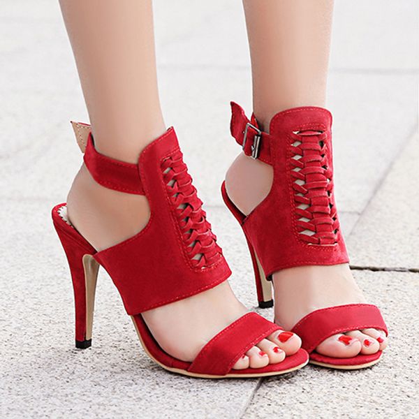 

factory outlet sandals woven shoes belt buckles toe high sandals scrub high heel sandals hollow, Black