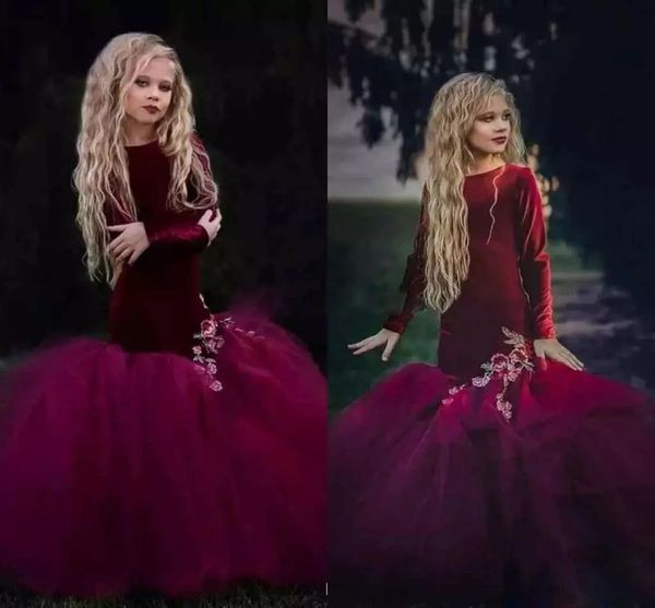 Veludo Sereia Burgund Meninas Pageant Vestidos 2019 Jewel Neck Manga Longa Flor Menina Vestido Barato Appliqued Formal Vestidos de Festa Para Adolescentes Crianças