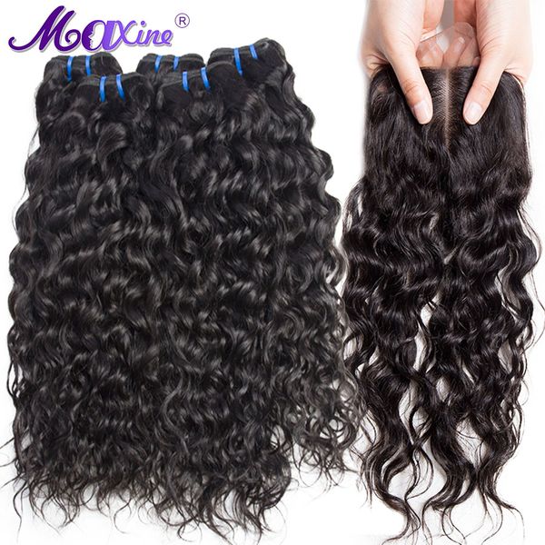 

maxine hair 3 bundles brazilian water wave human hair with 4*4 inch lace closure bleached knots non remy weave 4 pcs/lot, Black