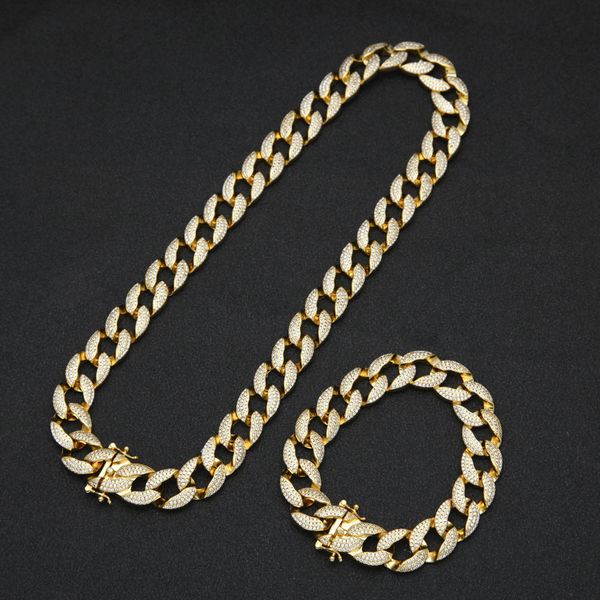 Mens Hip Hop Bling ювелирные изделия набор Miami Cuban Link цепочки ожерелье браслет замороженные рок-роппер панк-цепочка 1,5 см высокого качества полное медное золото серебро