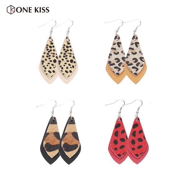 

new trendy animal leopard pu leather drop earrings for women boho simple geometric double layer statement jewelry gift wholesale, Silver