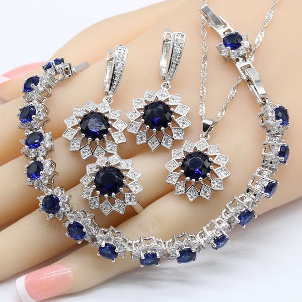 

flower shape blue crystal white zirconia 925 silver bridal jewelry sets for women necklace pendant earrings rings bracelets, Slivery;golden
