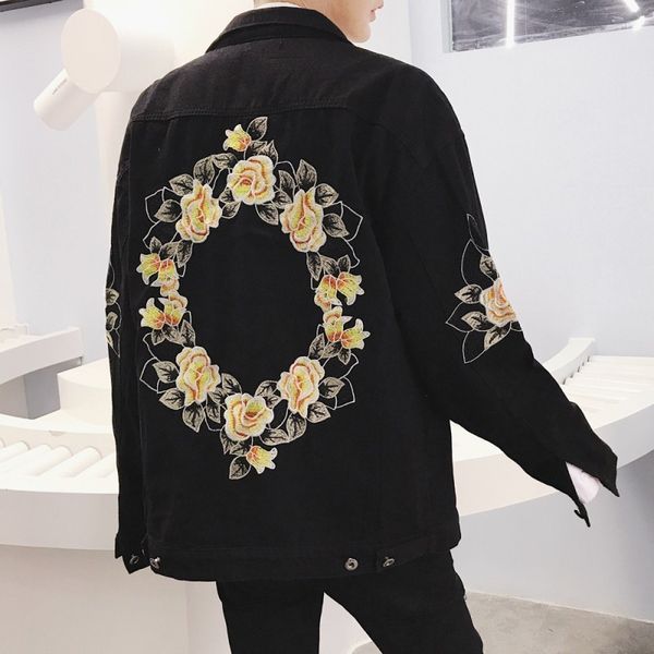 

autumn behind embroidered denim jacket overcoat for men chaqueta hombre high street fashion hip hop casual loose jeans coat, Black;brown