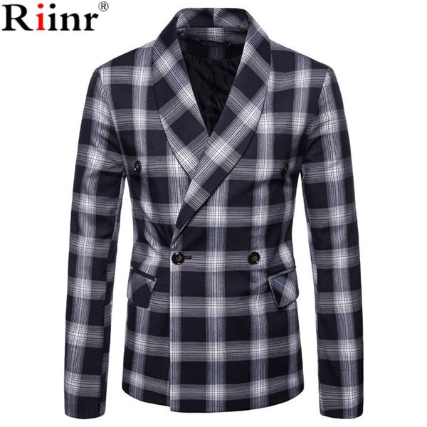 

riinr new arrival business mens blazer casual blazers men lattice formal jacket double-breasted men dress suit jackets, White;black
