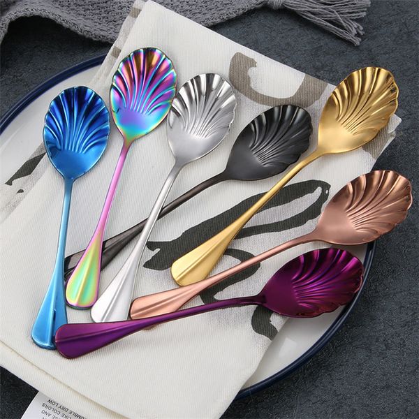 

creative stainless steel shell coffee spoon ice cream spoon colorful scalloped flatware spoon delicate kitchen accessories 300pcs t1i853