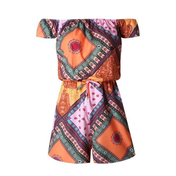 

Floral Print Jumpsuits Occident Style Summer Casual Women Colorful Stripe Shoulder Tie Waist Romper Playsuit High Quality