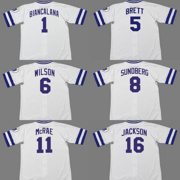 

16 bo jackson 5 george brett 8 jim sundberg 6 willie wilson 11 hal mcrae 1 buddy biancalana baseball jersey 1985, Blue;black