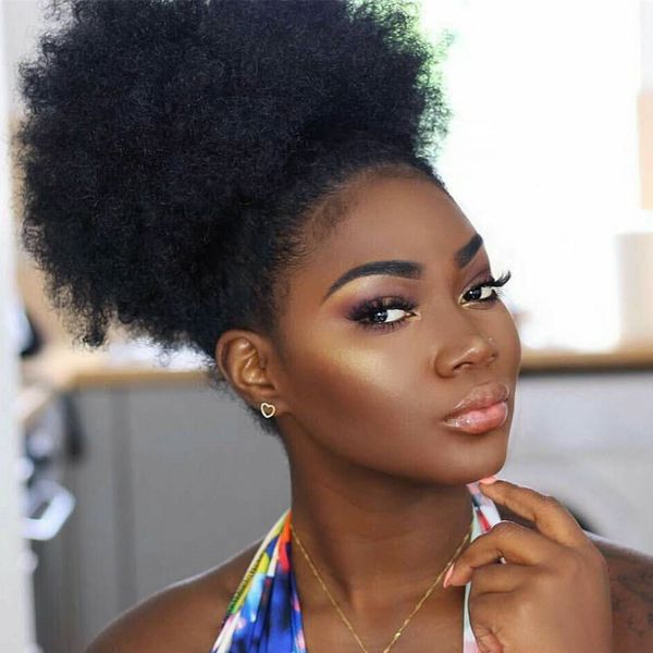 Короткие высокие хвост человеческих волос необработанные бразильские девственные волосы афро вьющиеся хвост расширения 120 г афро слоеного хвост для чернокожих женщин