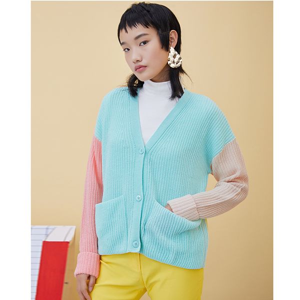 

sugarhigh autumn and winter new sweater women's sweet and lovely short v-neck long sleeve four-color mosaic cardigans shsw5262, White;black