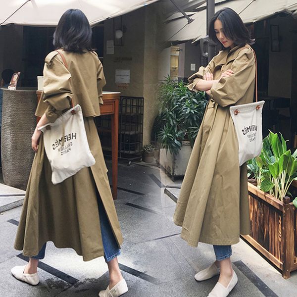 

over knee long skirt windbreaker female 2018 spring autumn chic korean version trench coat long-sleeved women outwears, Tan;black