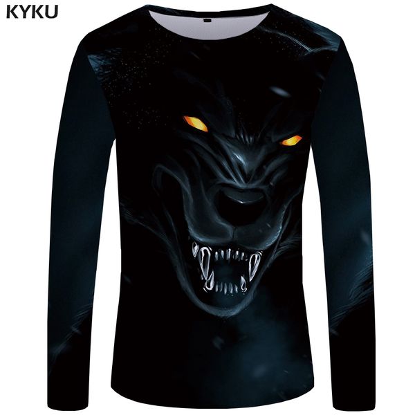 

kyku wolf t shirt men long sleeve shirt animal cool new hip hop black anime clothes japan mens clothing fashion man slim, White;black