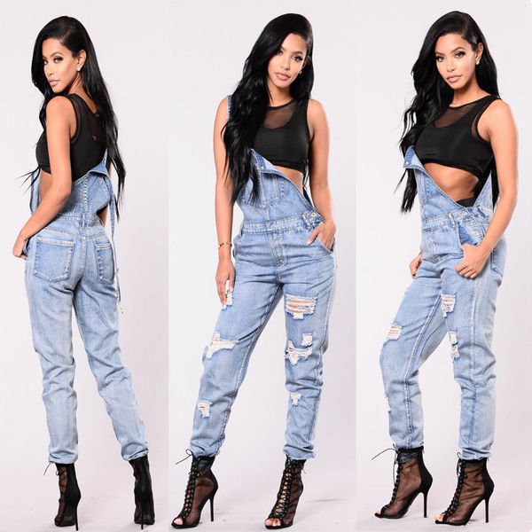 

brand fashion summer overalls jeans clothing casual distrressed women braces ripped jeans jumpsuit rompers women pants, Blue