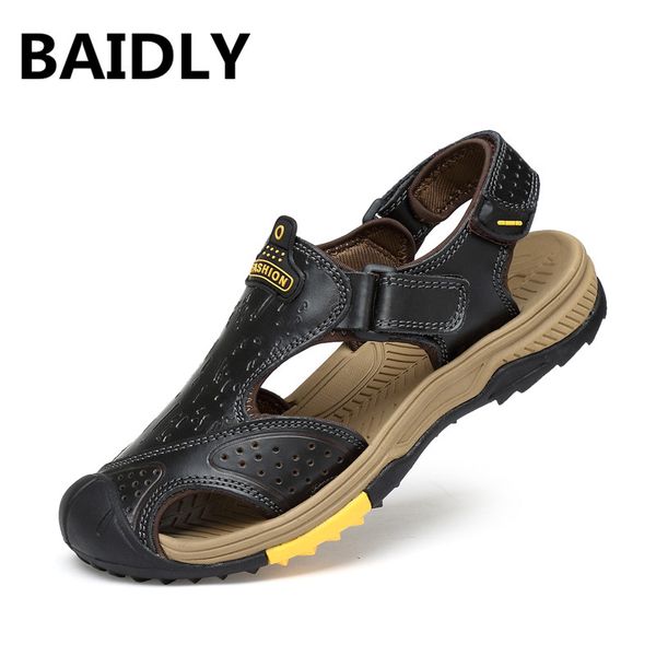 

baidly men sandals summer fashion men casual sandals genuine leather slip on sandalias beach water shoes, Black