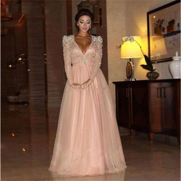 

deep v neck long sleeves evening dresses 2018 sale robe de soiree beaded crystal tulle nude celebrity formal party prom gowns, Black;red