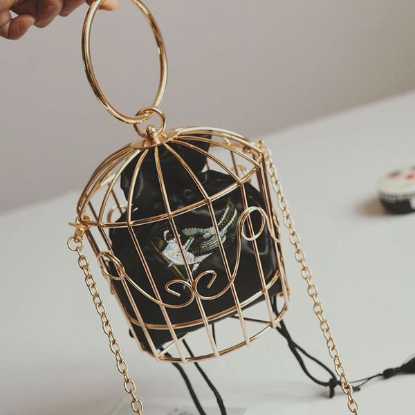 

tekiessica purse handbag birdcage evening bag women's metal frame embroidery design mini women bucket bag clutch tassel gold ibwkj, Red;black