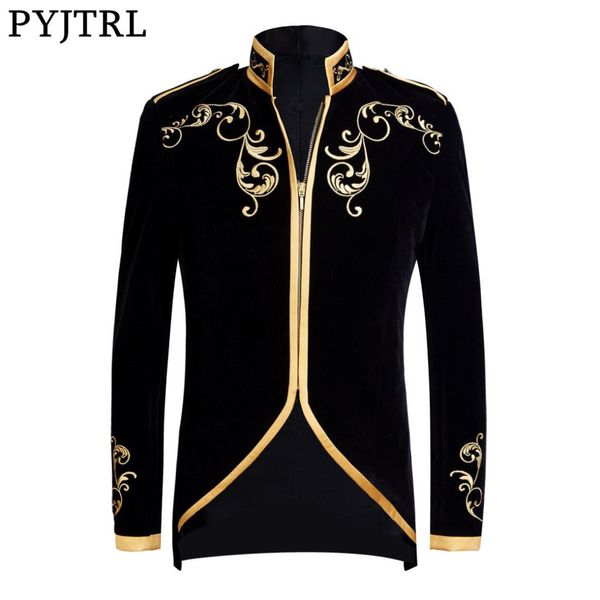 

pyjtrl принц британский стиль мода черный бархат золотой вышивкой блейзер свадьба жених приталенный fit костюм куртка пальто певцов, White;black