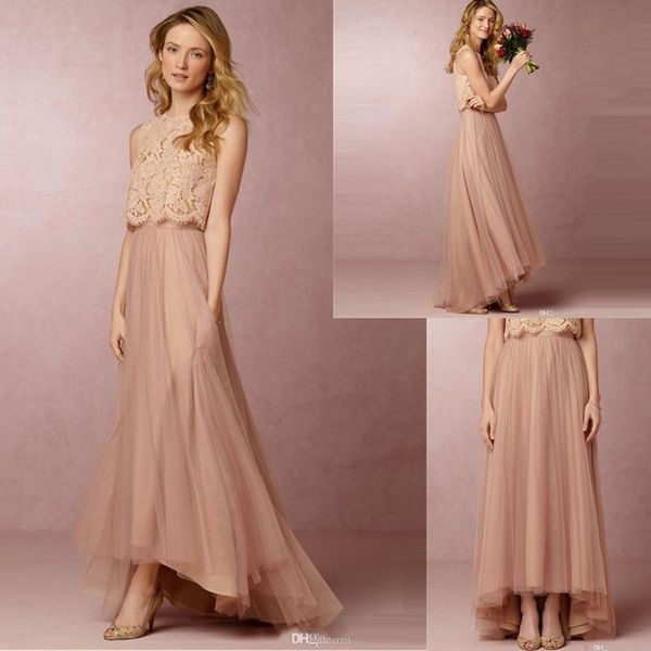 

2019 new a line vintage blush pink two pieces bridesmaid dresses lace crop high low beach bridesmaid dresses wedding party gowns custom made, White;pink