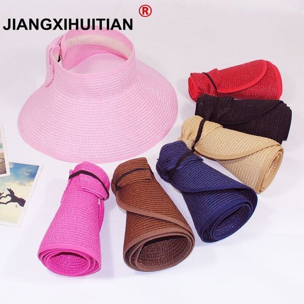 

spring summer straw hat visors cap foldable wide large brim sun hat beach hats for women straw wholesale chapeau, Blue;gray