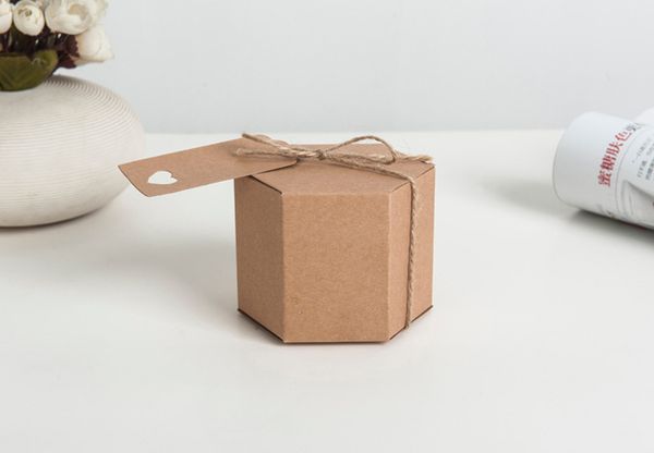 

kraft paper hexagon shape candy box with tag & hemp rope vintage wedding shower favor sweets boxes birthday blank gift boxes