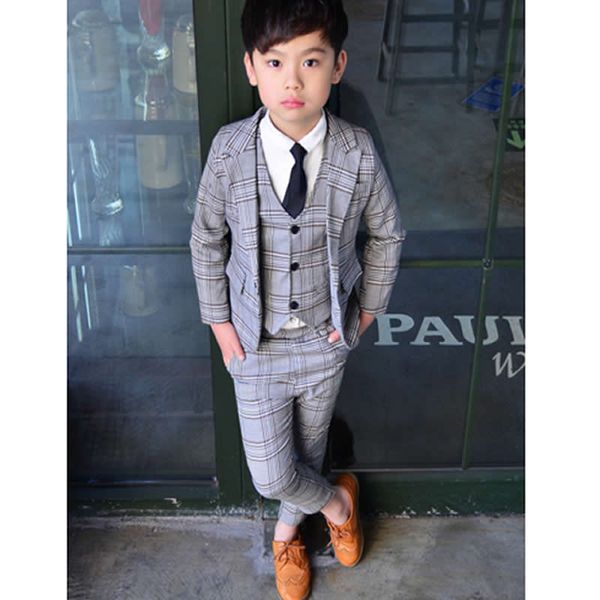 

boy spring/summer suit three-piece set boy plaid suit jacket british vest+coat+pants suit vestido, White