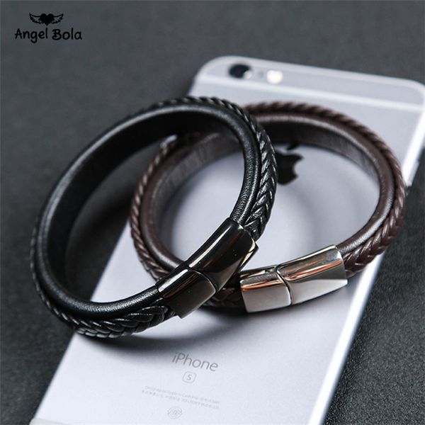 

punk men jewelry black/brown braided leather bracelet stainless steel magnetic clasp fashion bangles 19.5/20.5cm fast shipping, Golden;silver