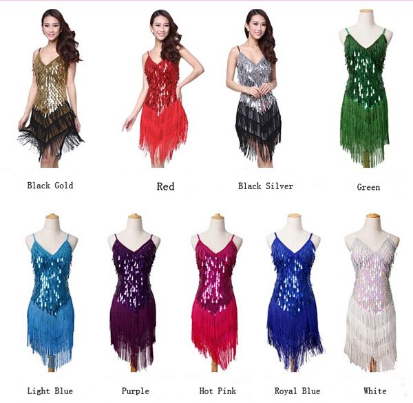 

lady cocktail club wear skirt party latin dance asymmetric sequin fringe dress 9 colors, Black;red