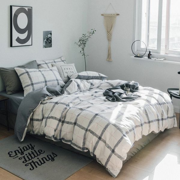 

gray plaid comforter bedding set fitted/ bed sheet quilt cover bed set 100%cotton bedlinen twin full  king roupa de cama
