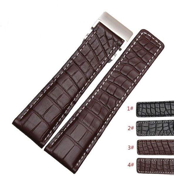 

horloge band 22mm 24mm nieuwe mens brown echt alligator lederen waaks strap armbanden zilver rvs horloge gesp sluiting, Black;brown