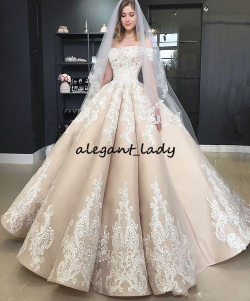 

старинные пышные шампанское свадебные платья с плеча аппликация 2019 с плеча полная длина церковь сад принцесса свадебное платье, White