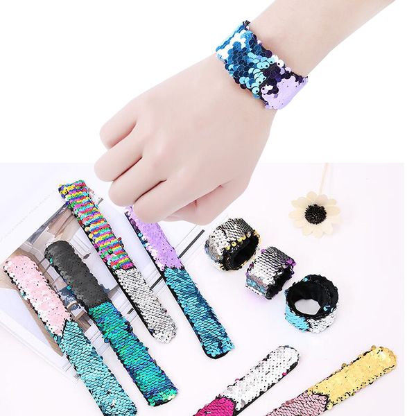 

girl slap bracelets mermaid sequin wristband double colors glitter slap bracelet kids party favors 21 designs optional 50pcs