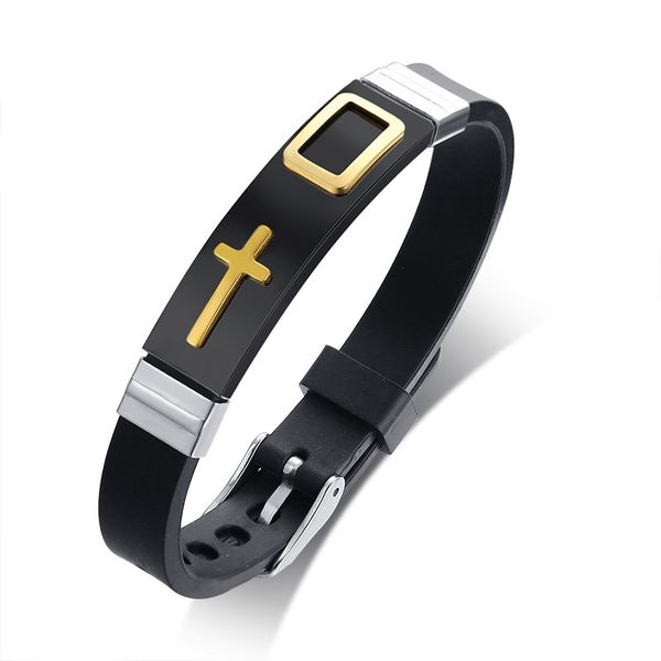 

adjustable silicone cross bracelet for men women 12mm stainless steel jewelry belief faith christ bangle pulseira, Golden;silver