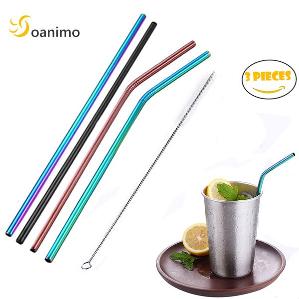 

soanimo 3pcs/set colorful drinking straws 304 stainless steel straws reusable straight and bent metal straw with cleaner brush