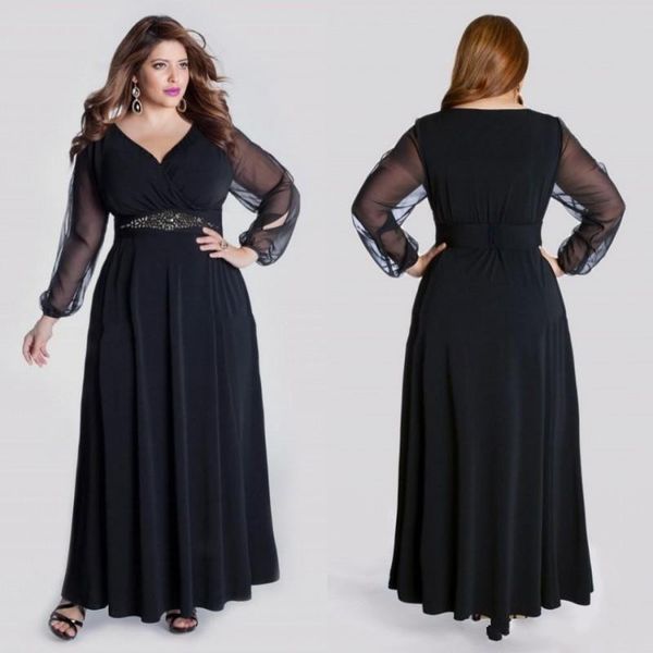 2018 Black Long Sleeve Plus Size Formal Prom Dresses V Neck